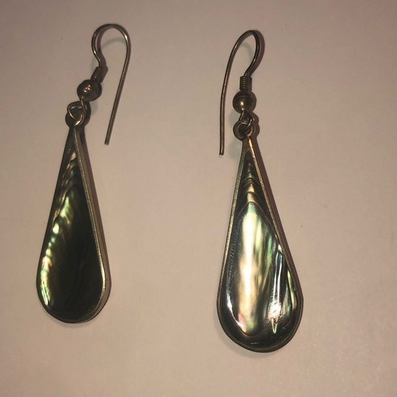 VTG Abalone & Alpaca Silver Tear Drop Shepherds Hook Dangle Earrings 2” - Picture 5 of 7